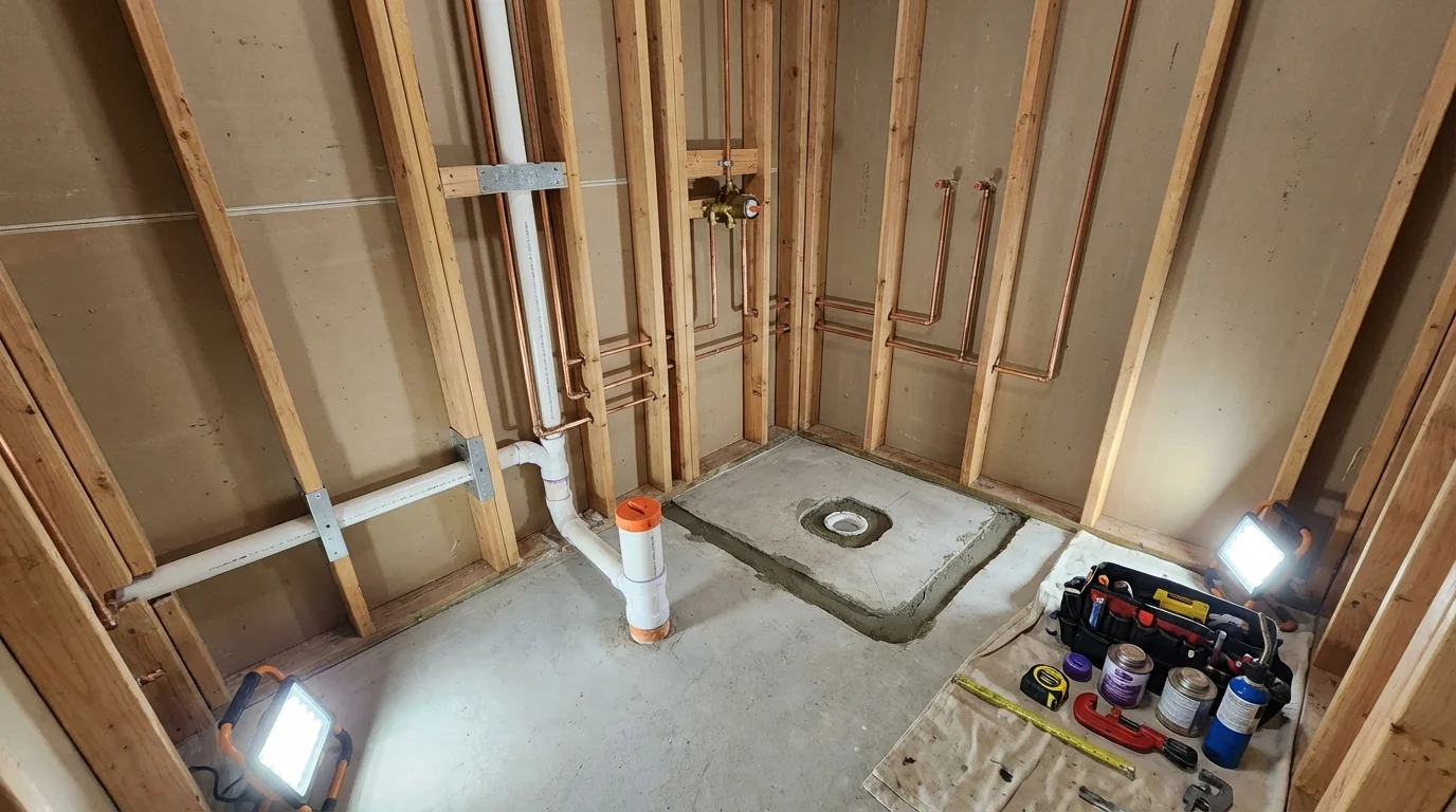 Bathroom rough-in plumbing during remodel by Johns Plumbing LLC in Gilbertsville
