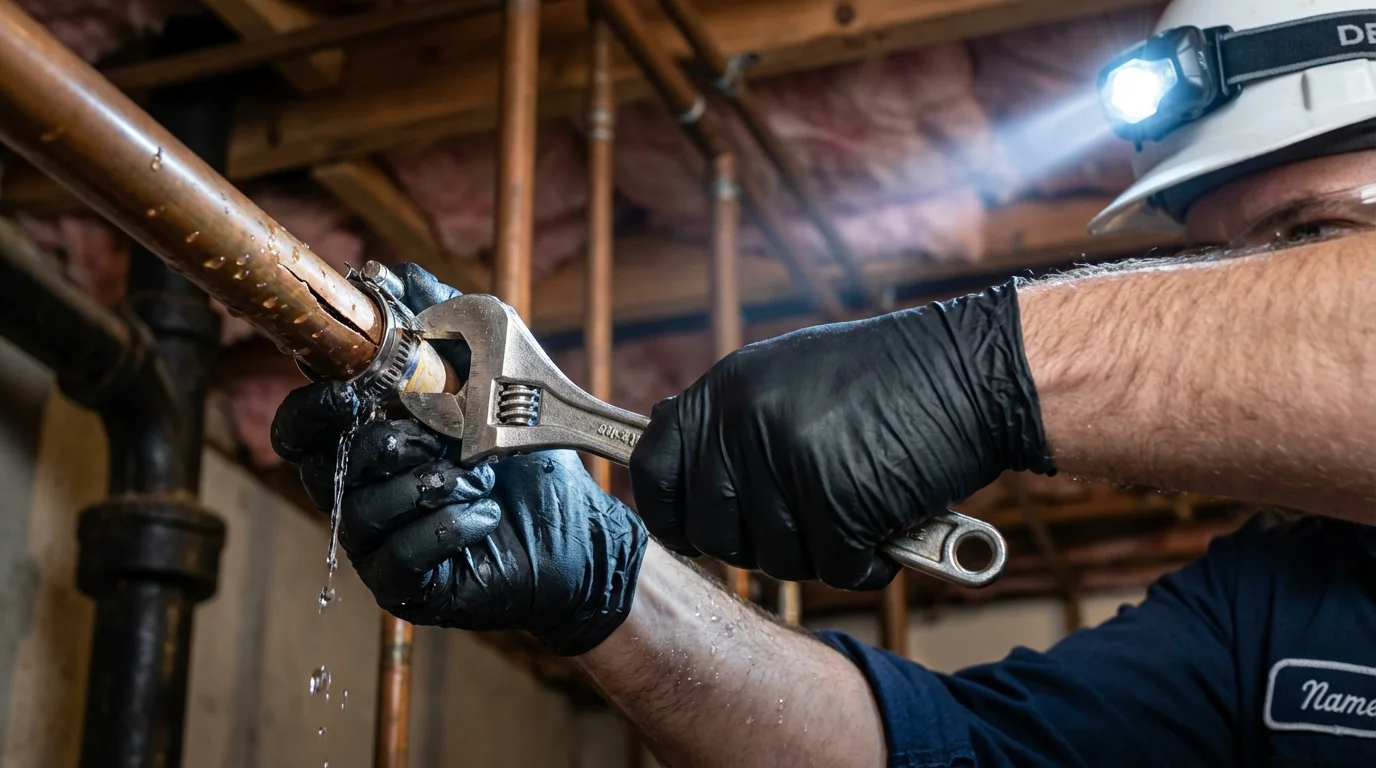 Emergency pipe clamp repair being performed by a Johns Plumbing LLC plumber in Gilbertsville