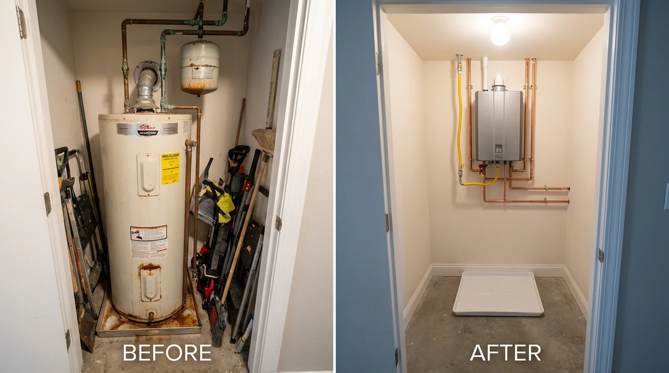Tank water heater versus wall-mounted tankless unit comparison for Gilbertsville, PA homeowners