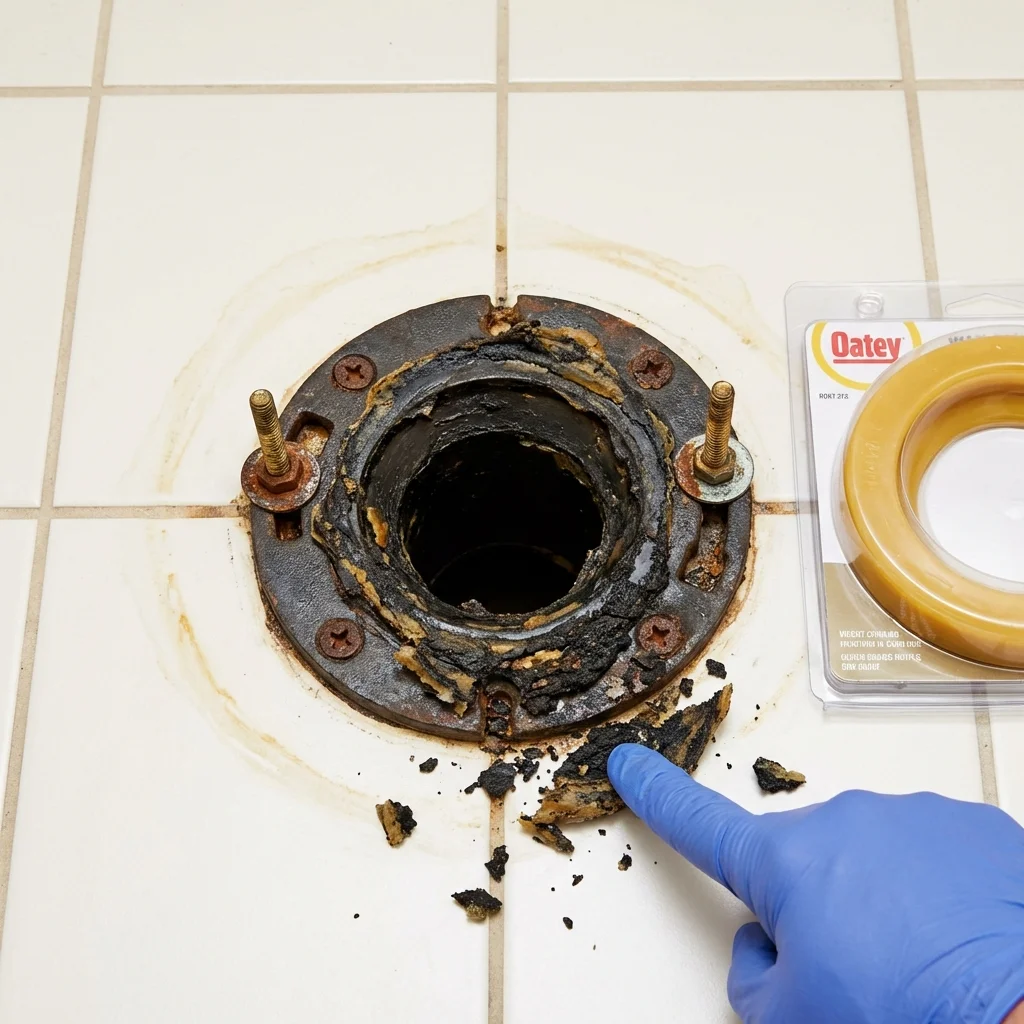 Failed wax ring showing water seepage at the base of a toilet in a Gilbertsville, PA home