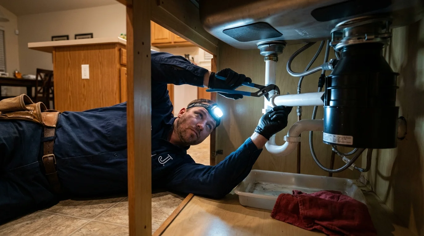 P-trap and supply line connections under a kitchen sink showing a common leak point in Gilbertsville, PA